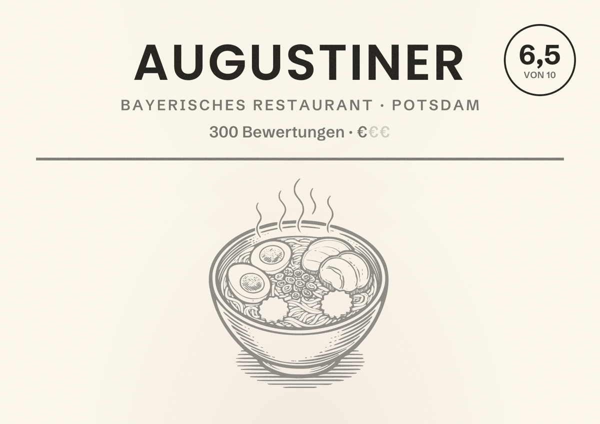 Illustriertes Poster von Augustiner, Bayerisches Restaurant in Potsdam: Bewertung 6,5 von 10 aus 300 Bewertungen, Preisniveau €
