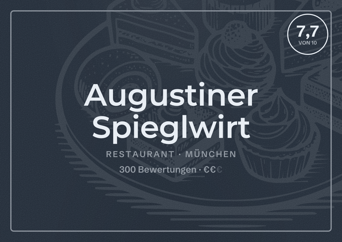Illustriertes Poster von Augustiner Spieglwirt, Restaurant in München: Bewertung 7,7 von 10 aus 300 Bewertungen, Preisniveau €€