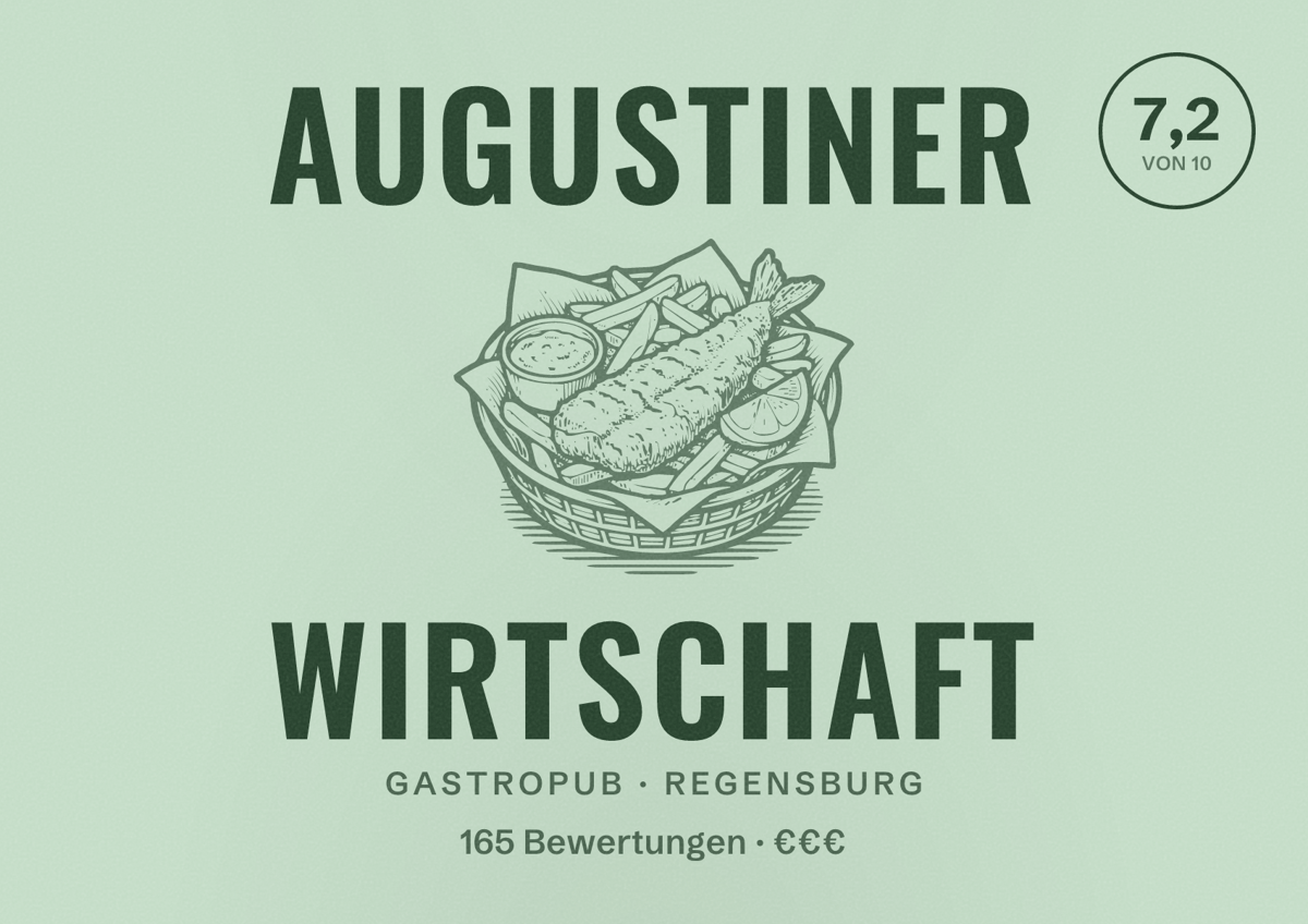 Illustriertes Poster von Augustiner Wirtschaft, Gastropub in Regensburg: Bewertung 7,2 von 10 aus 165 Bewertungen, Preisniveau €€€