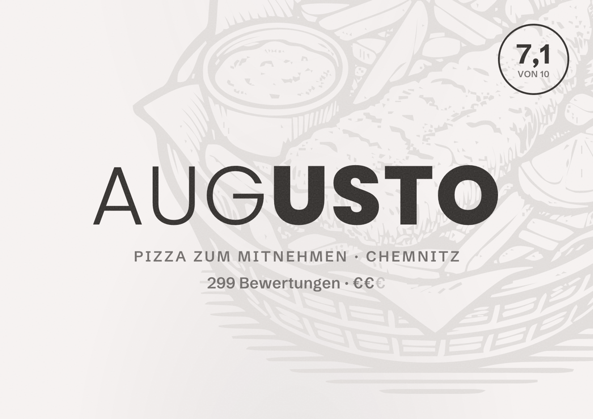 Illustriertes Poster von Augusto, Pizza zum Mitnehmen in Chemnitz: Bewertung 7,1 von 10 aus 299 Bewertungen, Preisniveau €€