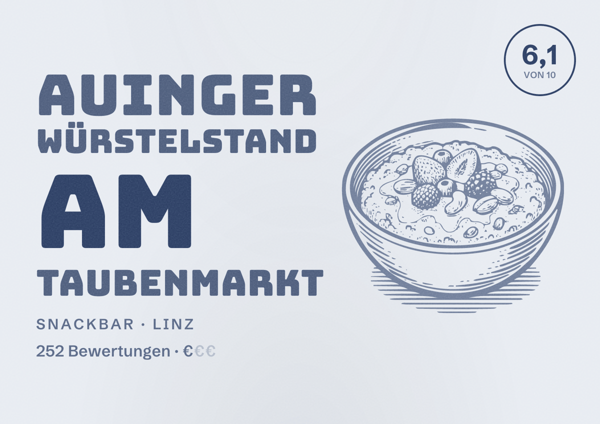 Illustriertes Poster von Auinger Würstelstand am Taubenmarkt, Snackbar in Linz: Bewertung 6,1 von 10 aus 252 Bewertungen, Preisniveau €