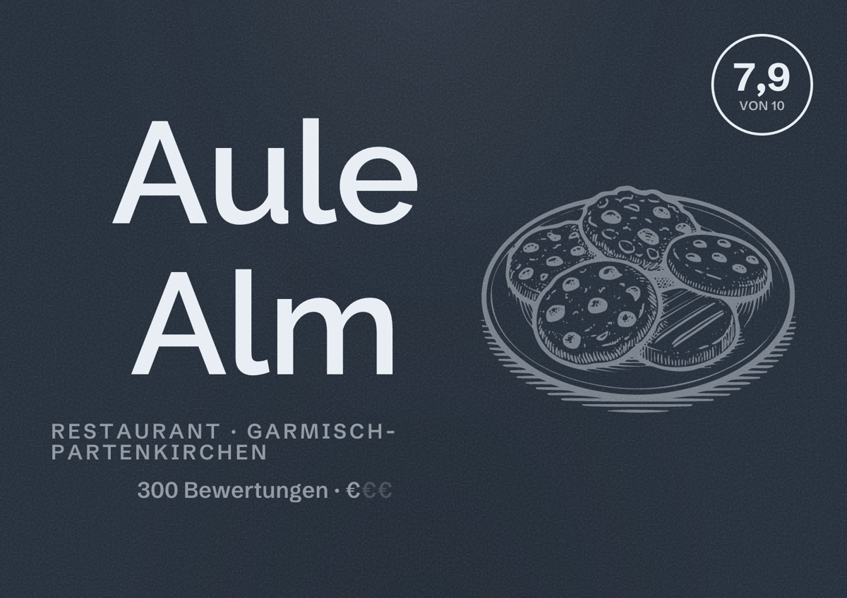 Illustriertes Poster von Aule Alm, Restaurant in Garmisch-Partenkirchen: Bewertung 7,9 von 10 aus 300 Bewertungen, Preisniveau €
