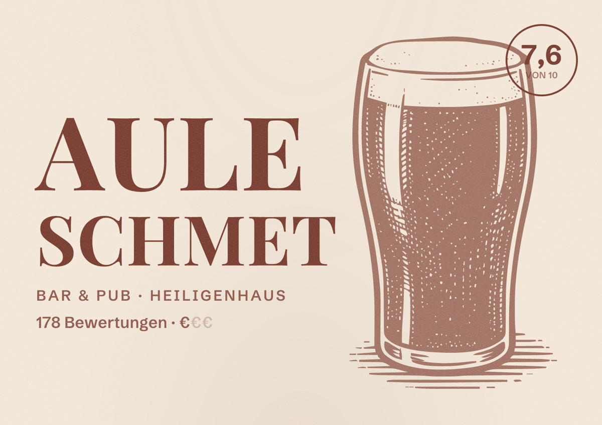 Illustriertes Poster von Aule Schmet, Bar & Pub in Heiligenhaus: Bewertung 7,6 von 10 aus 178 Bewertungen, Preisniveau €
