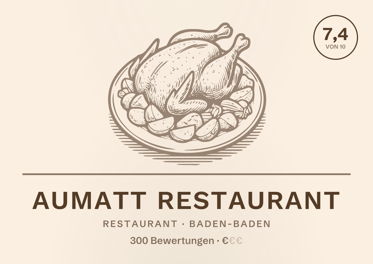 Illustriertes Poster von Aumatt Restaurant, Restaurant in Baden-Baden: Bewertung 7,4 von 10 aus 300 Bewertungen, Preisniveau €