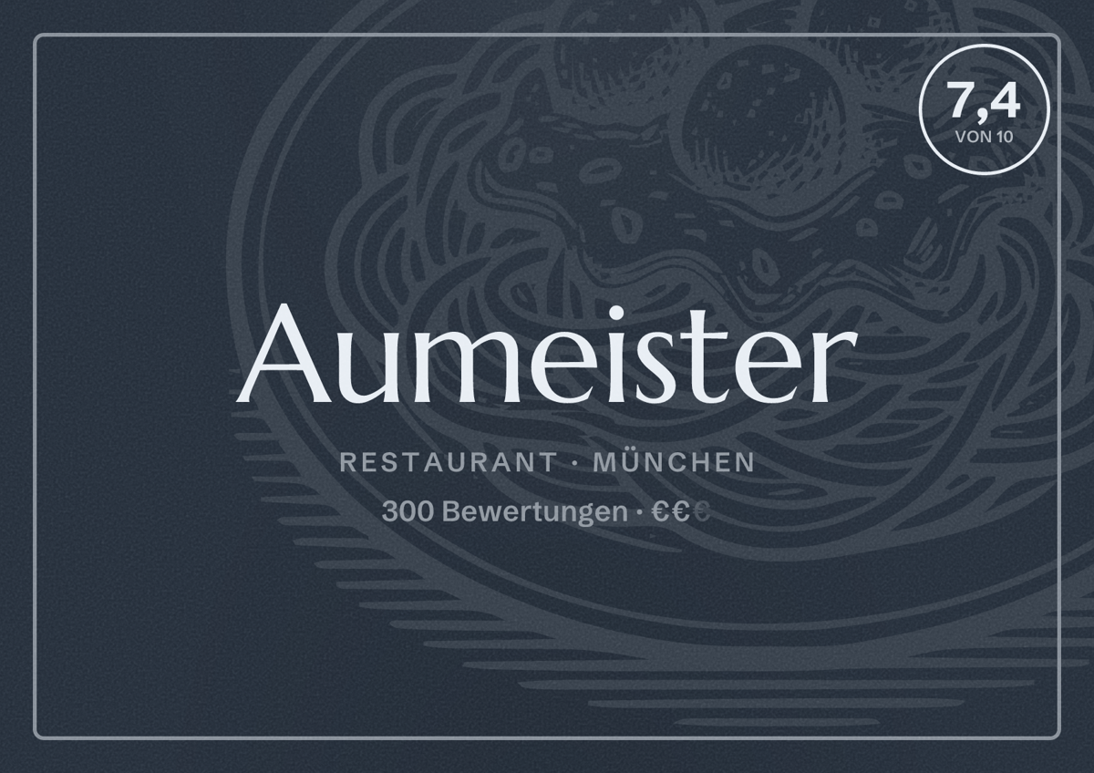 Illustriertes Poster von Aumeister, Restaurant in München: Bewertung 7,4 von 10 aus 300 Bewertungen, Preisniveau €€