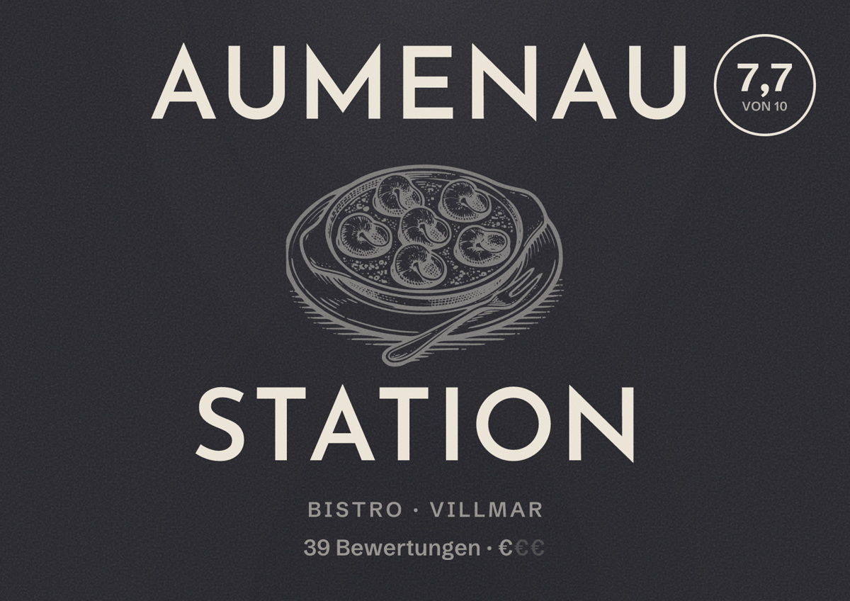 Illustriertes Poster von Aumenau station, Bistro in Villmar: Bewertung 7,7 von 10 aus 39 Bewertungen, Preisniveau €