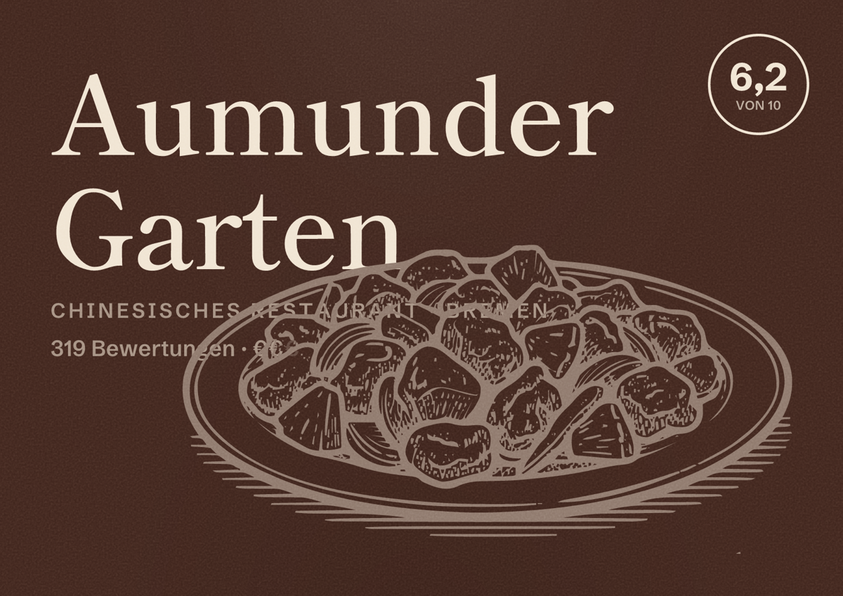 Illustriertes Poster von Aumunder Garten, Chinesisches Restaurant in Bremen: Bewertung 6,2 von 10 aus 319 Bewertungen, Preisniveau €€