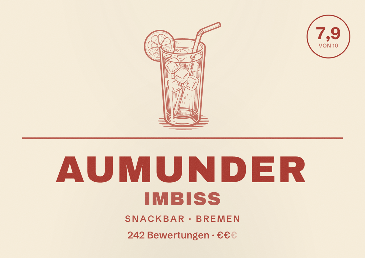 Illustriertes Poster von Aumunder Imbiss, Snackbar in Bremen: Bewertung 7,9 von 10 aus 242 Bewertungen, Preisniveau €€
