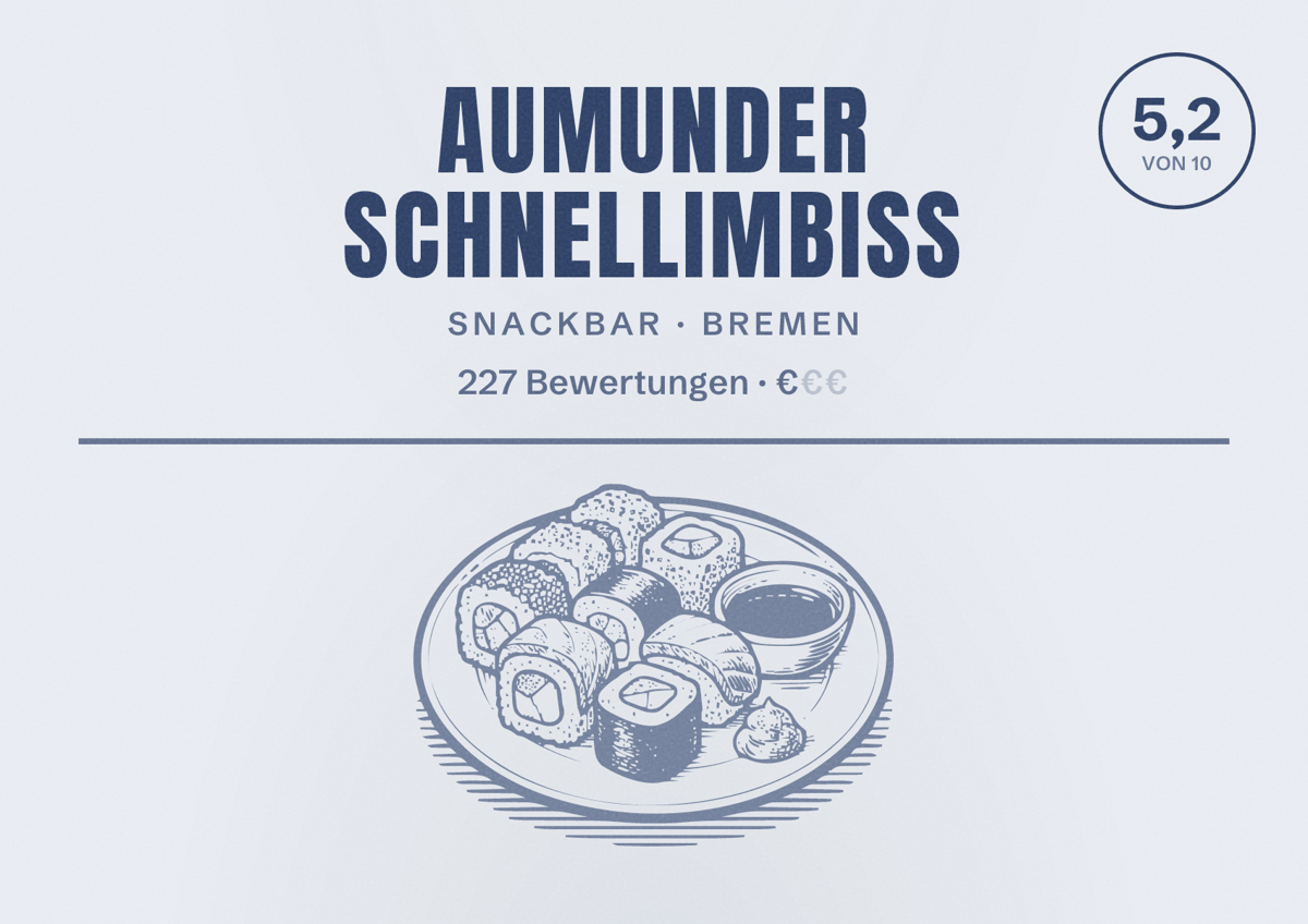 Illustriertes Poster von Aumunder Schnellimbiss, Snackbar in Bremen: Bewertung 5,2 von 10 aus 227 Bewertungen, Preisniveau €