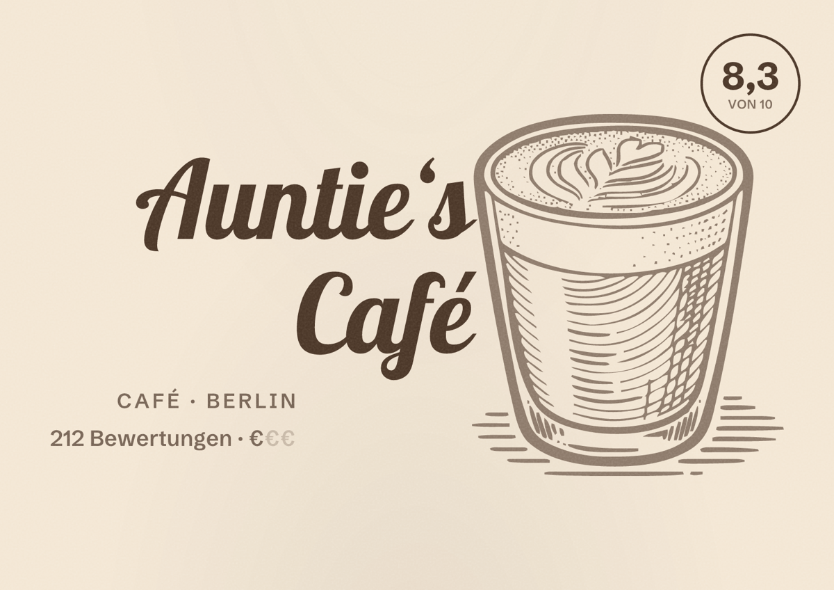 Illustriertes Poster von Auntie‘s Café, Café in Berlin: Bewertung 8,3 von 10 aus 212 Bewertungen, Preisniveau €