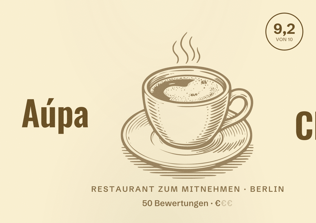 Illustriertes Poster von Aúpa Che, Restaurant zum Mitnehmen in Berlin: Bewertung 9,2 von 10 aus 50 Bewertungen, Preisniveau €