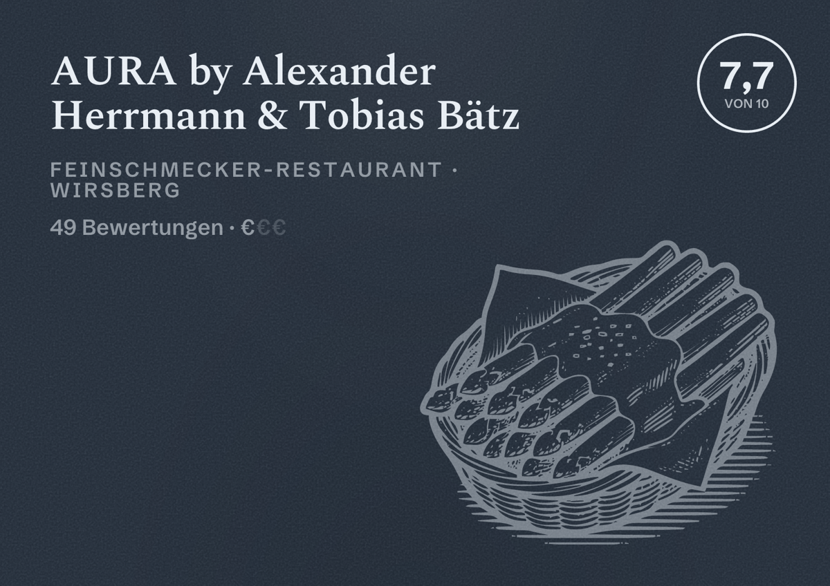 Illustriertes Poster von AURA by Alexander Herrmann & Tobias Bätz, Feinschmecker-Restaurant in Wirsberg: Bewertung 7,7 von 10 aus 49 Bewertungen, Preisniveau €