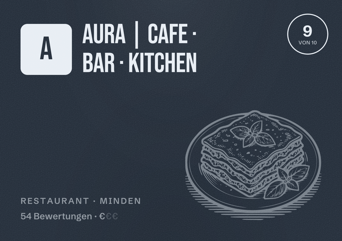 Illustriertes Poster von AURA | Cafe · Bar · Kitchen, Restaurant in Minden: Bewertung 9 von 10 aus 54 Bewertungen, Preisniveau €