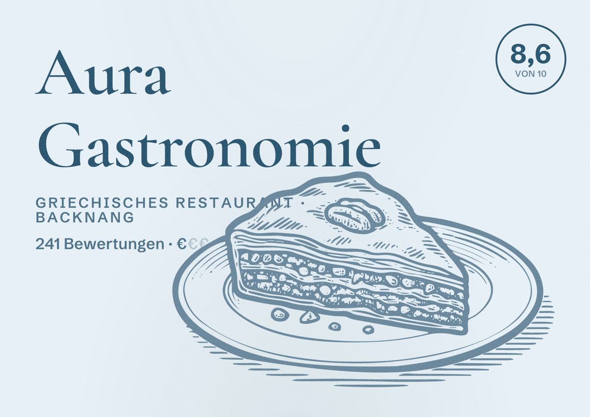 Illustriertes Poster von Aura Gastronomie, Griechisches Restaurant in Backnang: Bewertung 8,6 von 10 aus 241 Bewertungen, Preisniveau €
