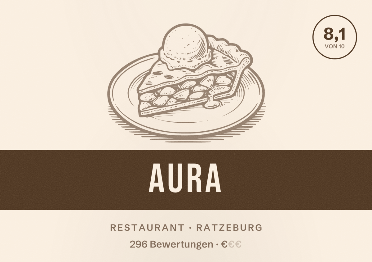 Illustriertes Poster von AURA, Restaurant in Ratzeburg: Bewertung 8,1 von 10 aus 296 Bewertungen, Preisniveau €