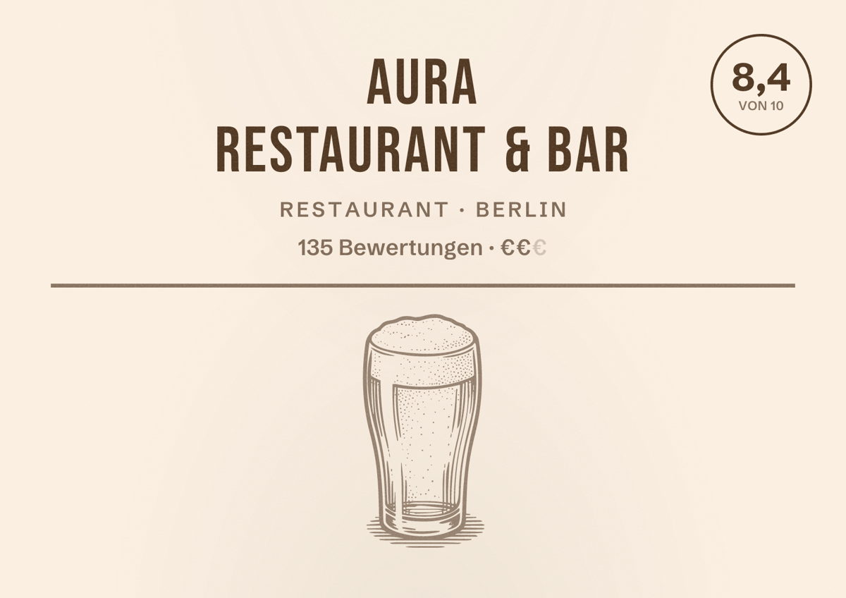Illustriertes Poster von AURA Restaurant & Bar, Restaurant in Berlin: Bewertung 8,4 von 10 aus 135 Bewertungen, Preisniveau €€