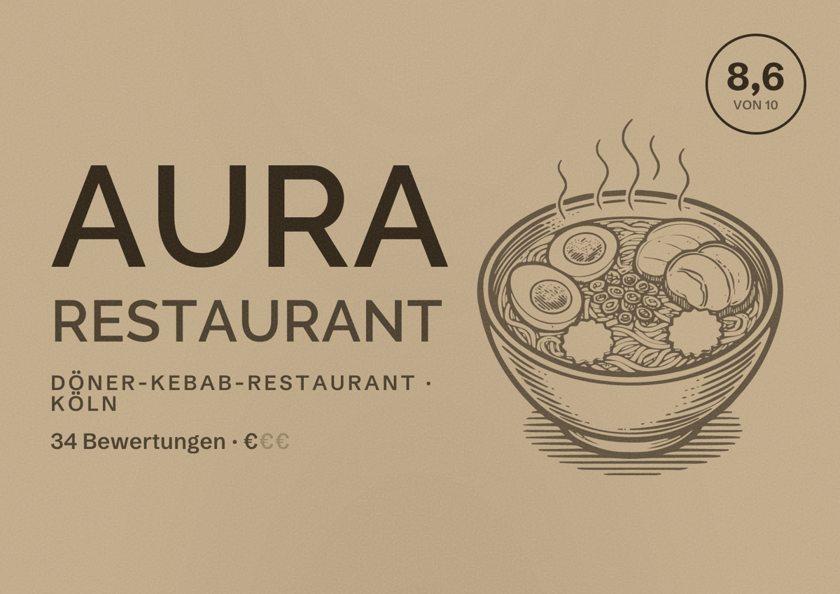 Illustriertes Poster von Aura Restaurant, Döner-Kebab-Restaurant in Köln: Bewertung 8,6 von 10 aus 34 Bewertungen, Preisniveau €