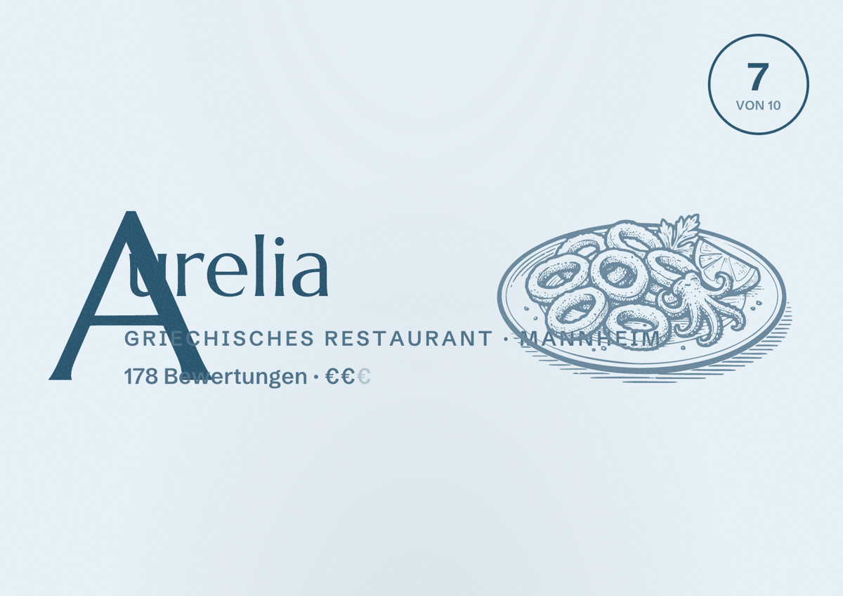 Illustriertes Poster von Aurelia, Griechisches Restaurant in Mannheim: Bewertung 7 von 10 aus 178 Bewertungen, Preisniveau €€