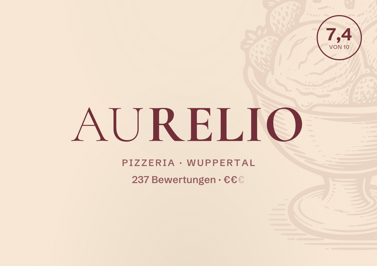 Illustriertes Poster von Aurelio, Pizzeria in Wuppertal: Bewertung 7,4 von 10 aus 237 Bewertungen, Preisniveau €€