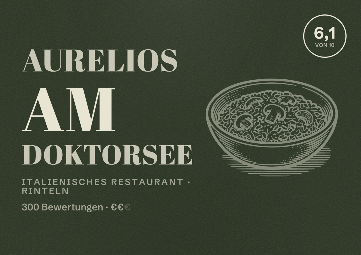Illustriertes Poster von Aurelios am Doktorsee, Italienisches Restaurant in Rinteln: Bewertung 6,1 von 10 aus 300 Bewertungen, Preisniveau €€