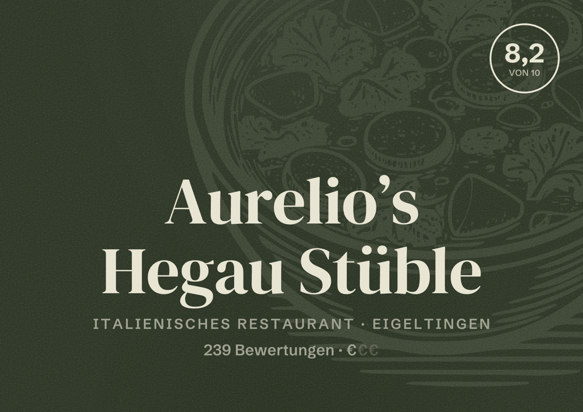 Illustriertes Poster von Aurelio’s Hegau Stüble, Italienisches Restaurant in Eigeltingen: Bewertung 8,2 von 10 aus 239 Bewertungen, Preisniveau €