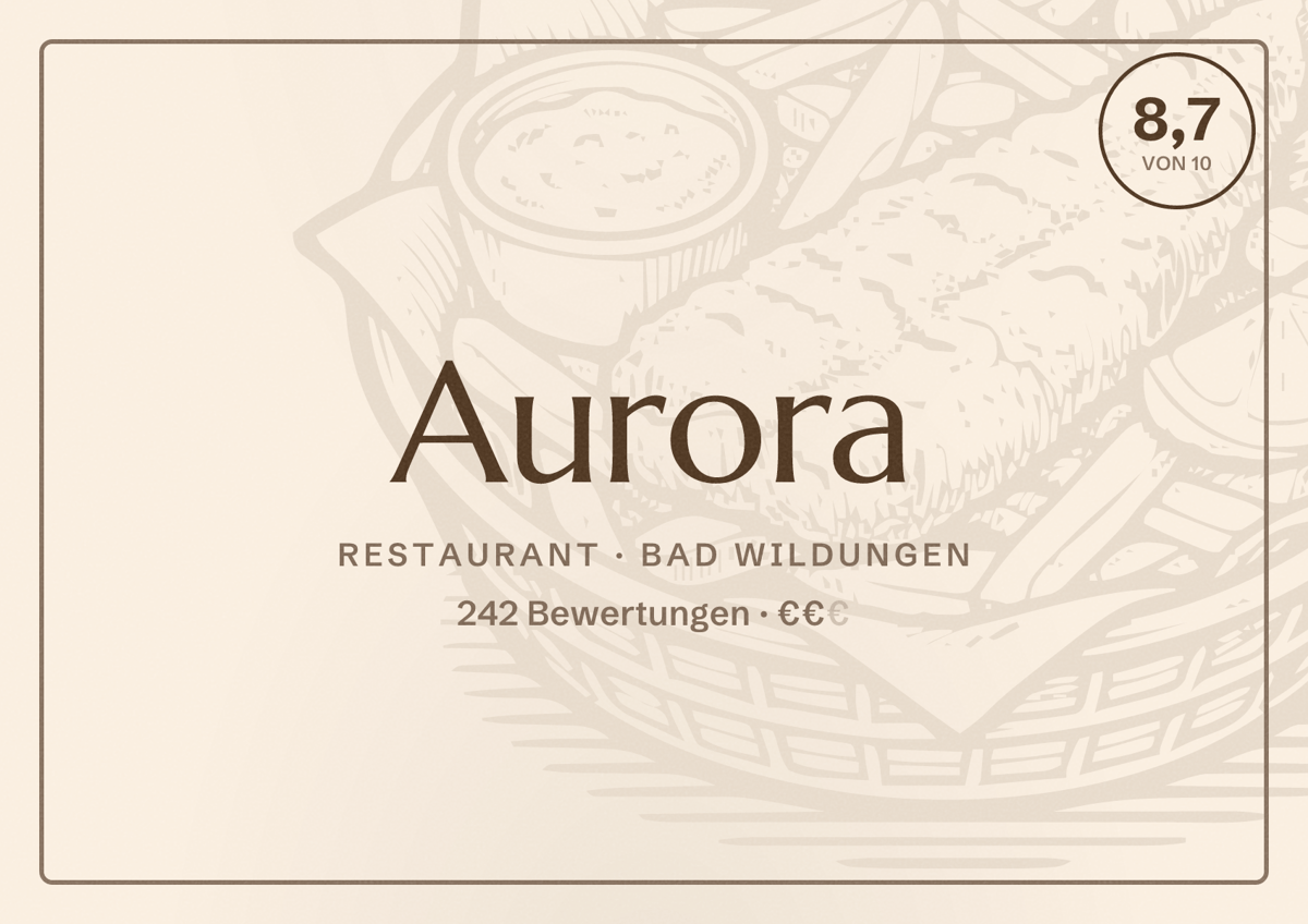 Illustriertes Poster von Aurora, Restaurant in Bad Wildungen: Bewertung 8,7 von 10 aus 242 Bewertungen, Preisniveau €€