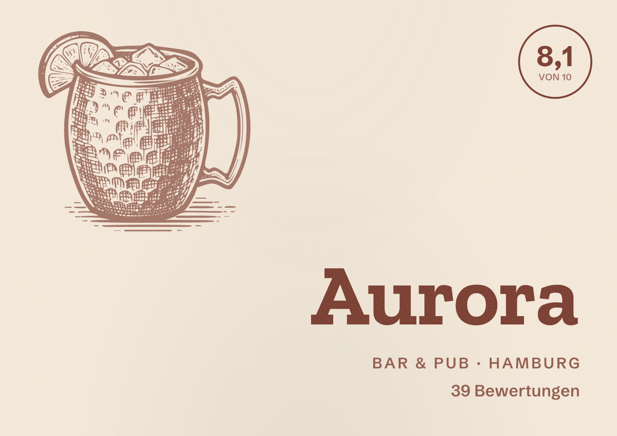 Illustriertes Poster von Aurora, Bar & Pub in Hamburg: Bewertung 8,1 von 10 aus 39 Bewertungen