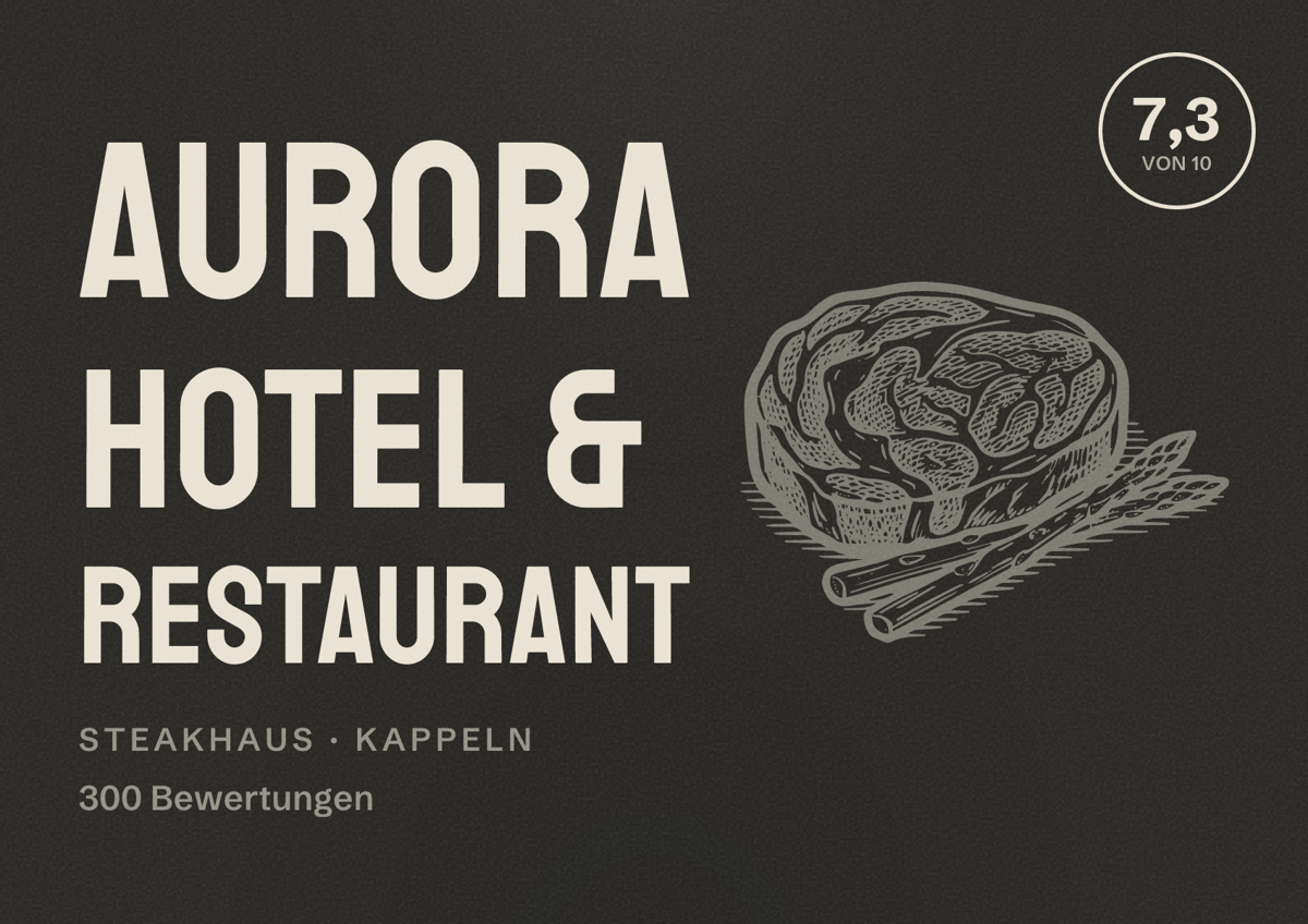 Illustriertes Poster von Aurora Hotel & Restaurant, Steakhaus in Kappeln: Bewertung 7,3 von 10 aus 300 Bewertungen