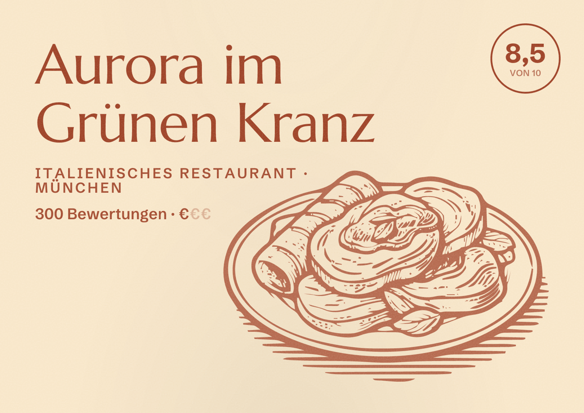 Illustriertes Poster von Aurora im Grünen Kranz, Italienisches Restaurant in München: Bewertung 8,5 von 10 aus 300 Bewertungen, Preisniveau €