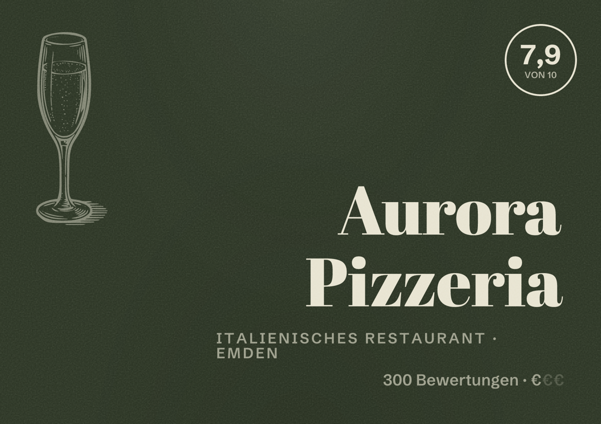 Illustriertes Poster von Aurora Pizzeria, Italienisches Restaurant in Emden: Bewertung 7,9 von 10 aus 300 Bewertungen, Preisniveau €