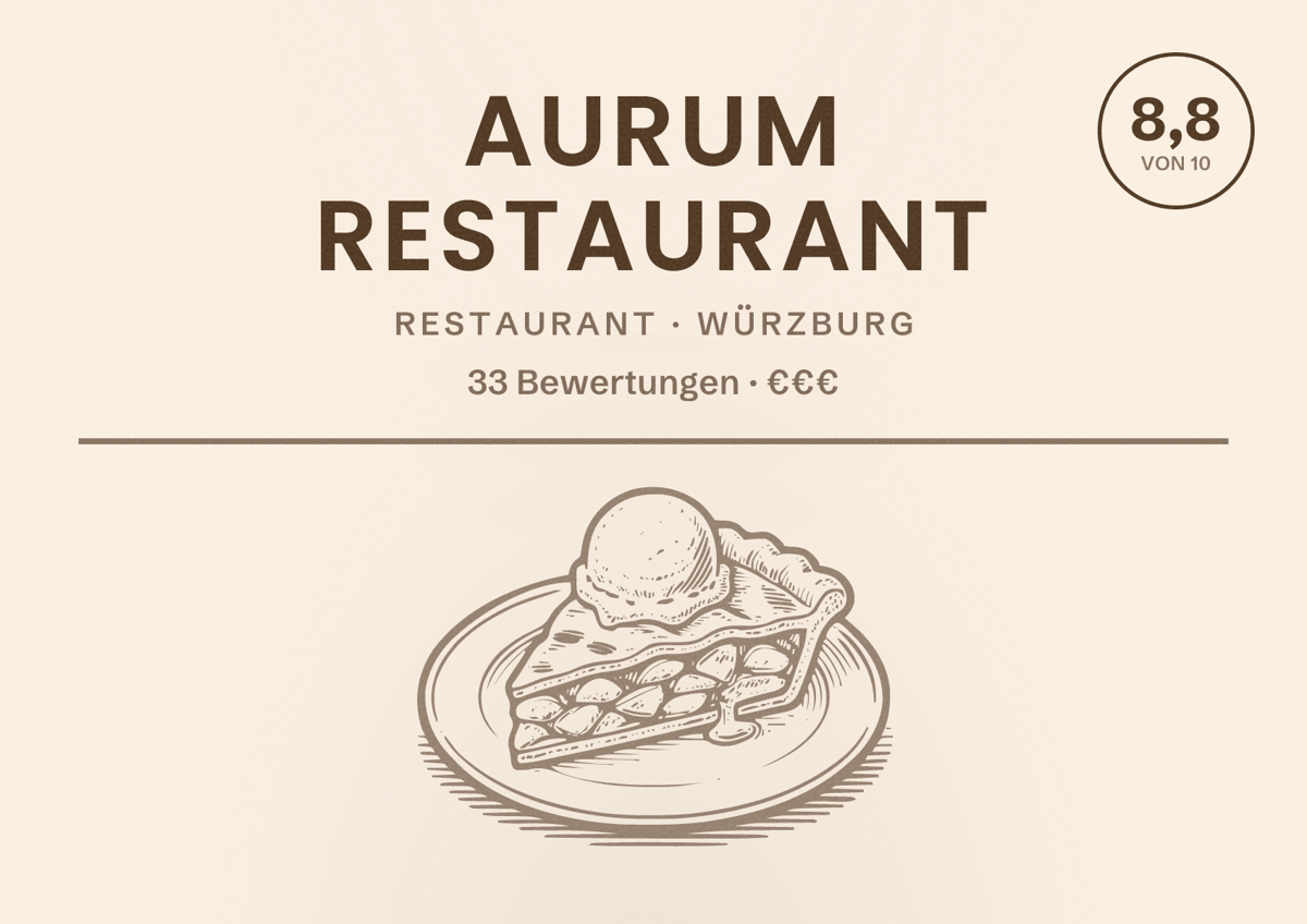Illustriertes Poster von AURUM Restaurant, Restaurant in Würzburg: Bewertung 8,8 von 10 aus 33 Bewertungen, Preisniveau €€€
