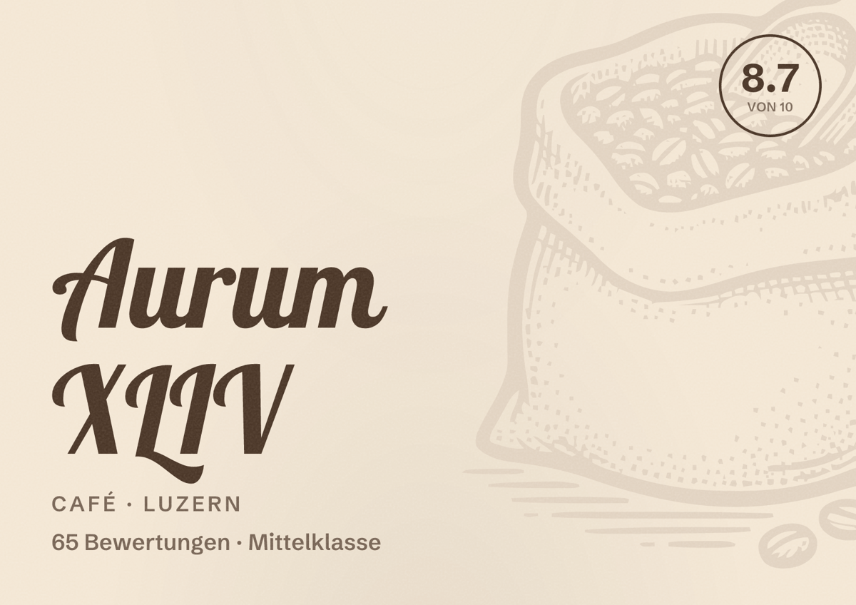 Illustriertes Poster von Aurum XLIV, Café in Luzern: Bewertung 8.7 von 10 aus 65 Bewertungen, Preisniveau Mittelklasse