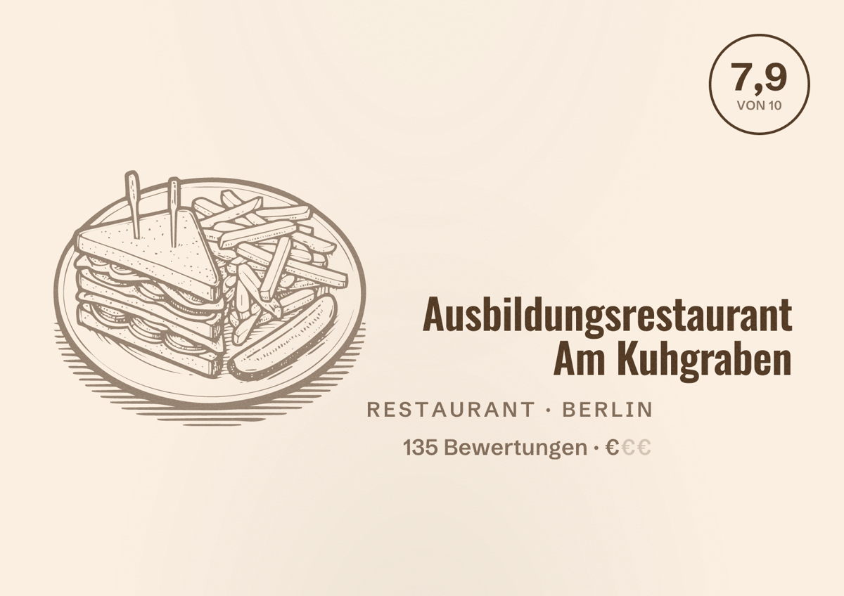 Illustriertes Poster von Ausbildungsrestaurant Am Kuhgraben, Restaurant in Berlin: Bewertung 7,9 von 10 aus 135 Bewertungen, Preisniveau €