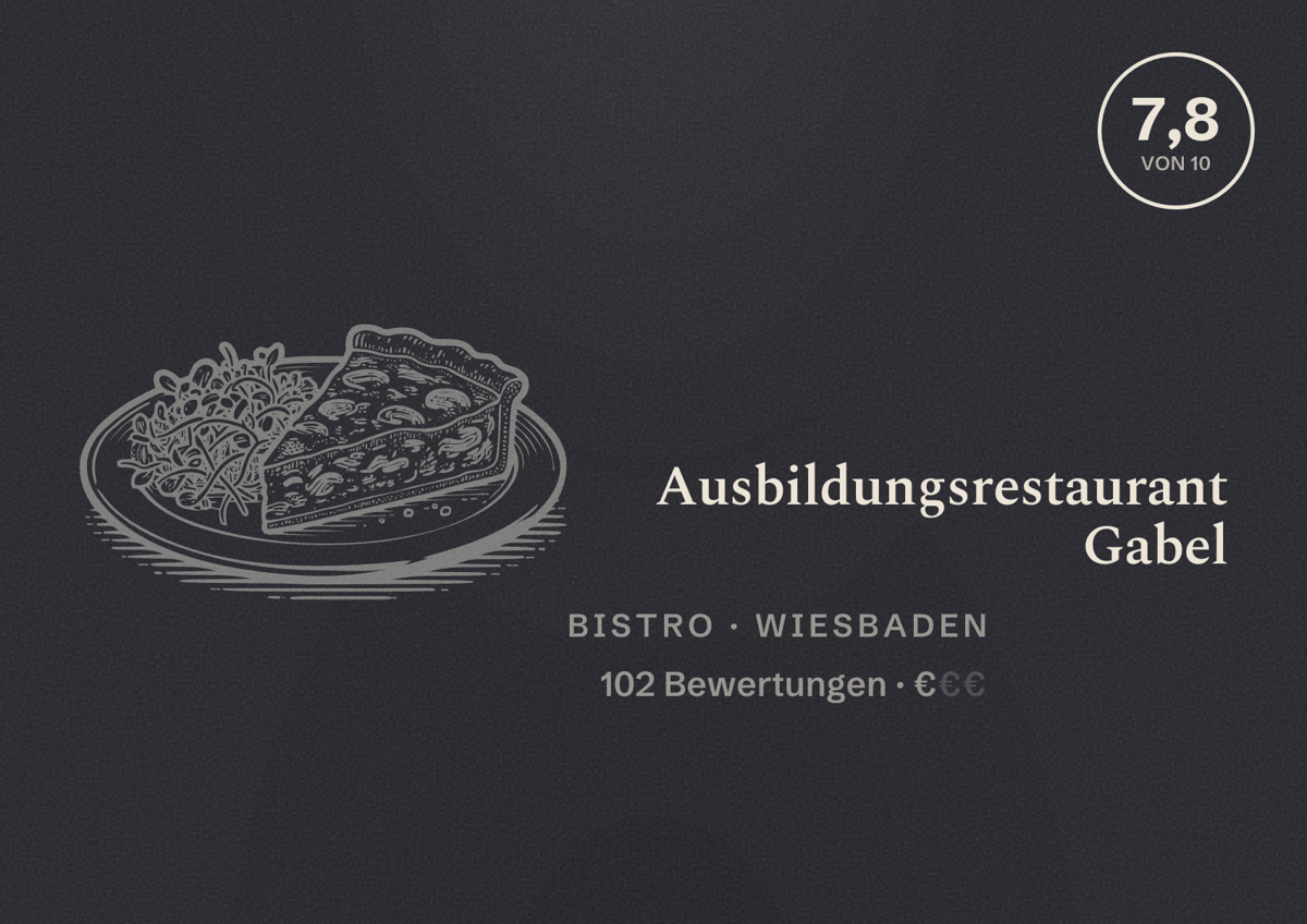 Illustriertes Poster von Ausbildungsrestaurant Gabel, Bistro in Wiesbaden: Bewertung 7,8 von 10 aus 102 Bewertungen, Preisniveau €