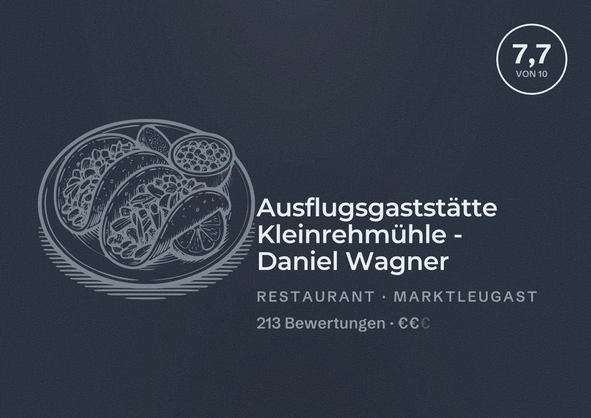 Illustriertes Poster von Ausflugsgaststätte Kleinrehmühle - Daniel Wagner, Restaurant in Marktleugast: Bewertung 7,7 von 10 aus 213 Bewertungen, Preisniveau €€