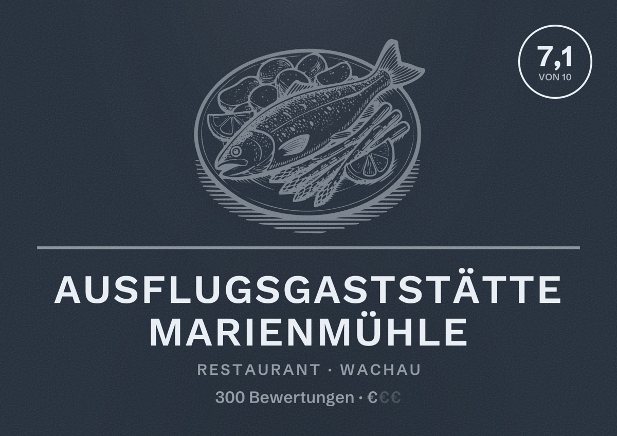 Illustriertes Poster von Ausflugsgaststätte Marienmühle, Restaurant in Wachau: Bewertung 7,1 von 10 aus 300 Bewertungen, Preisniveau €