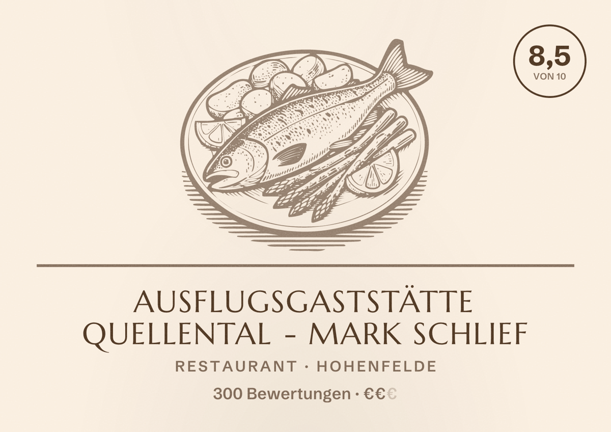Illustriertes Poster von Ausflugsgaststätte Quellental - Mark Schlief, Restaurant in Hohenfelde: Bewertung 8,5 von 10 aus 300 Bewertungen, Preisniveau €€