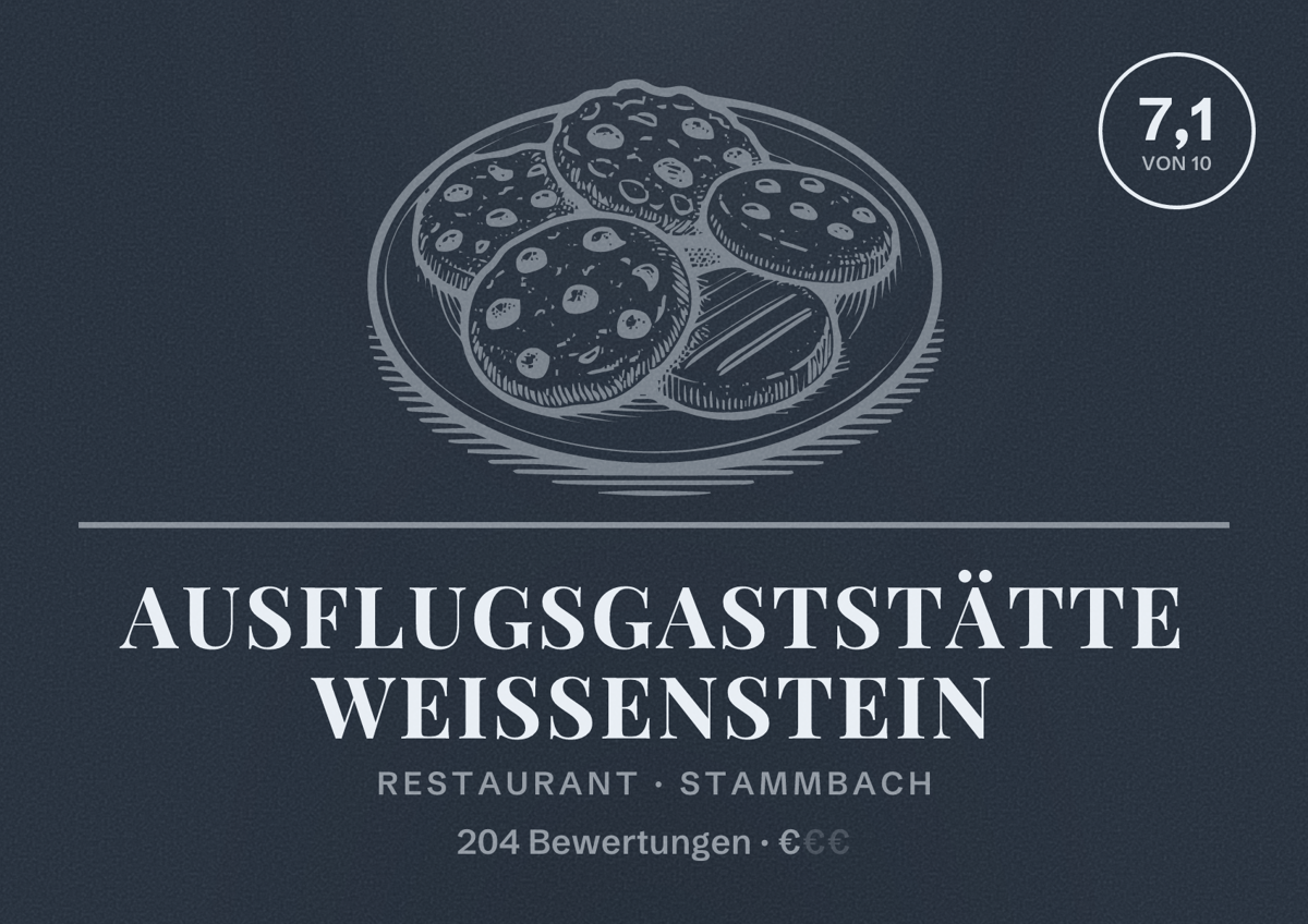 Illustriertes Poster von Ausflugsgaststätte Weißenstein, Restaurant in Stammbach: Bewertung 7,1 von 10 aus 204 Bewertungen, Preisniveau €