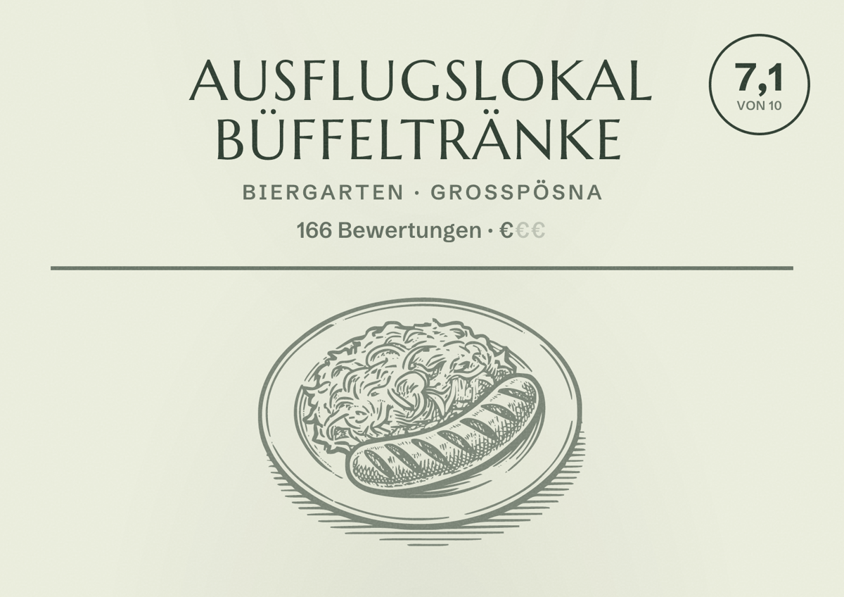 Illustriertes Poster von Ausflugslokal Büffeltränke, Biergarten in Großpösna: Bewertung 7,1 von 10 aus 166 Bewertungen, Preisniveau €