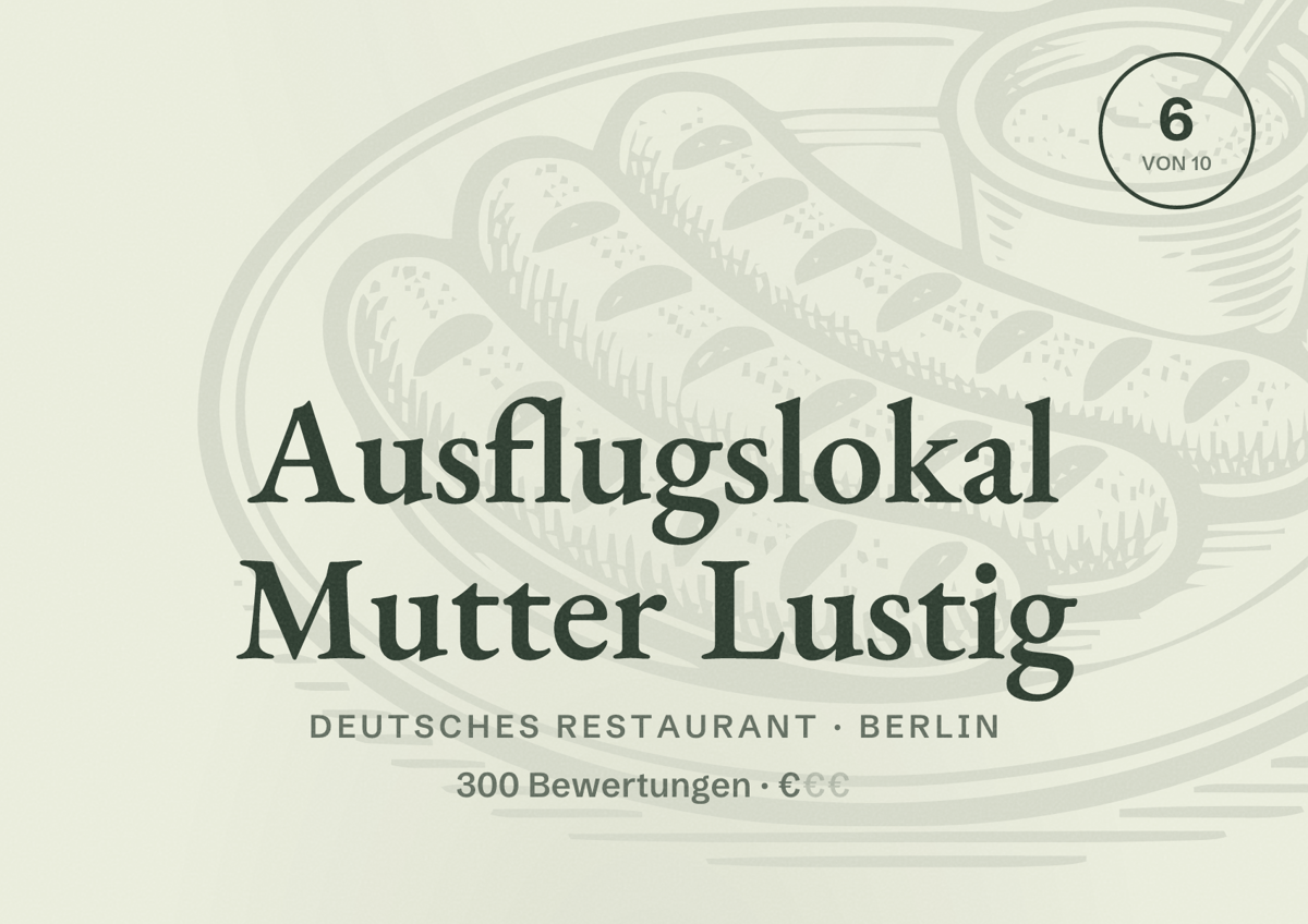 Illustriertes Poster von Ausflugslokal Mutter Lustig, Deutsches Restaurant in Berlin: Bewertung 6 von 10 aus 300 Bewertungen, Preisniveau €