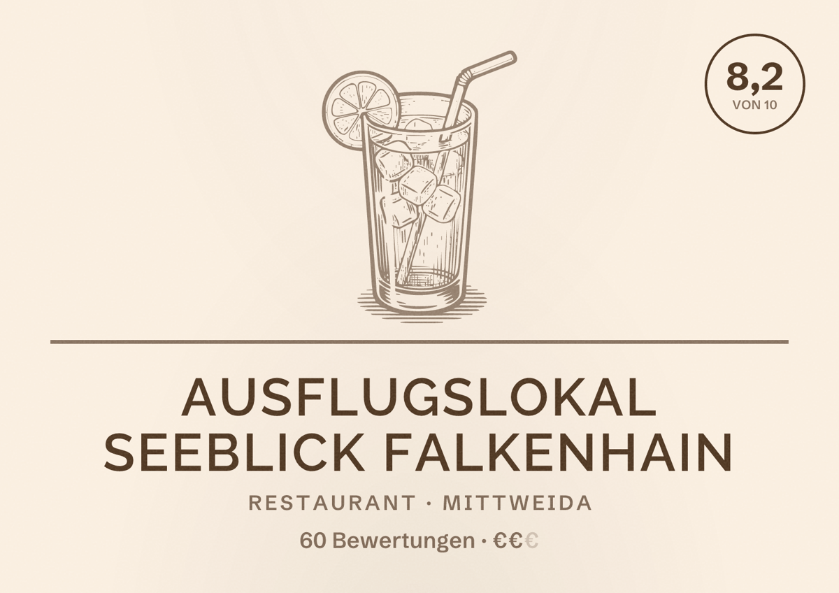 Illustriertes Poster von Ausflugslokal Seeblick Falkenhain, Restaurant in Mittweida: Bewertung 8,2 von 10 aus 60 Bewertungen, Preisniveau €€