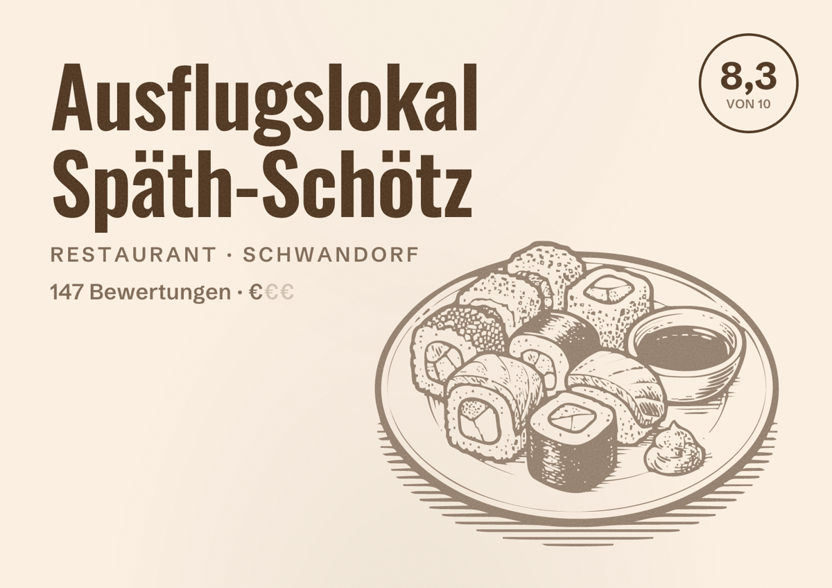 Illustriertes Poster von Ausflugslokal Späth-Schötz, Restaurant in Schwandorf: Bewertung 8,3 von 10 aus 147 Bewertungen, Preisniveau €