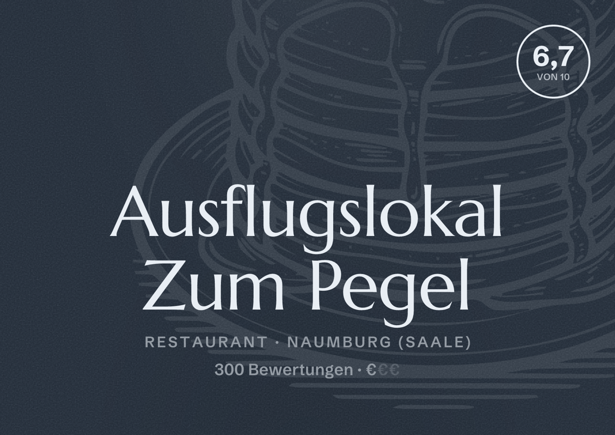 Illustriertes Poster von Ausflugslokal Zum Pegel, Restaurant in Naumburg (Saale): Bewertung 6,7 von 10 aus 300 Bewertungen, Preisniveau €