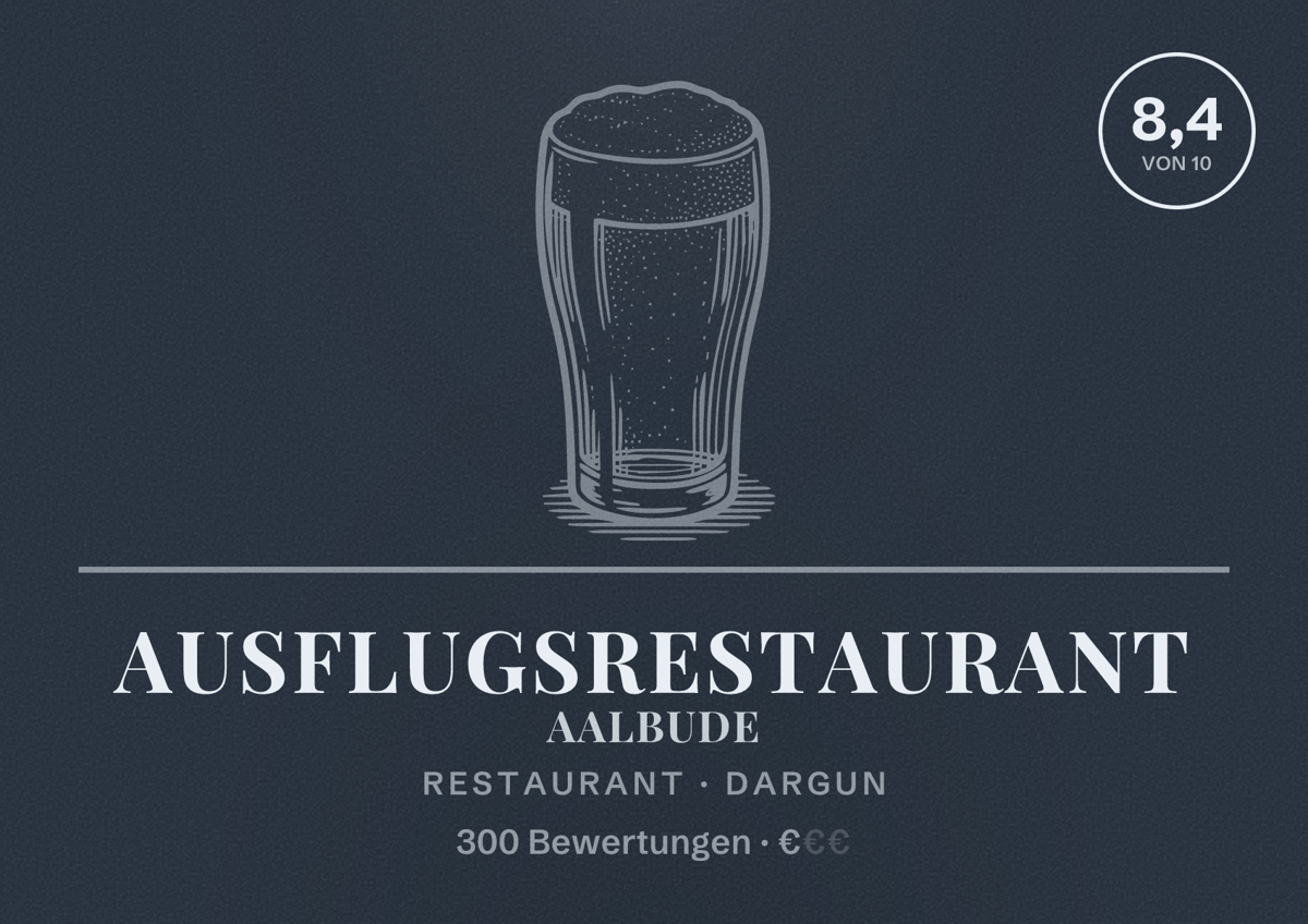 Illustriertes Poster von Ausflugsrestaurant Aalbude, Restaurant in Dargun: Bewertung 8,4 von 10 aus 300 Bewertungen, Preisniveau €
