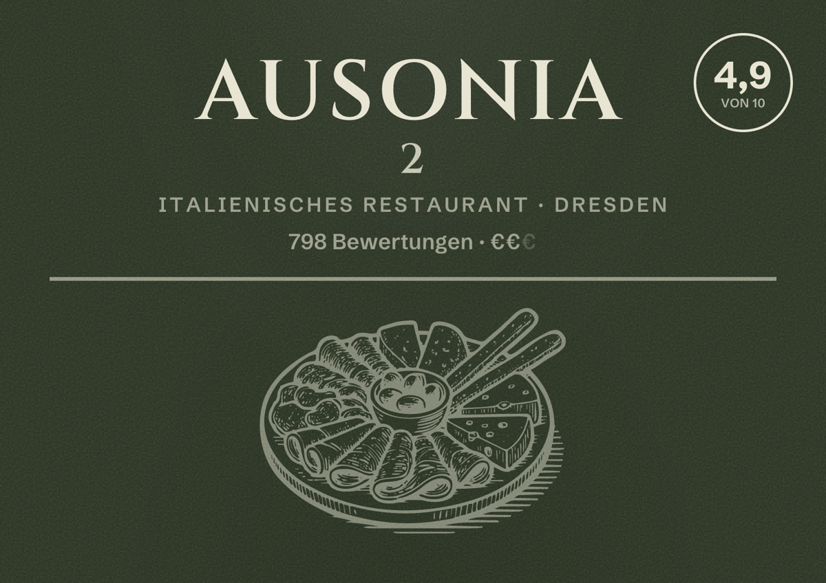 Illustriertes Poster von Ausonia 2, Italienisches Restaurant in Dresden: Bewertung 4,9 von 10 aus 798 Bewertungen, Preisniveau €€