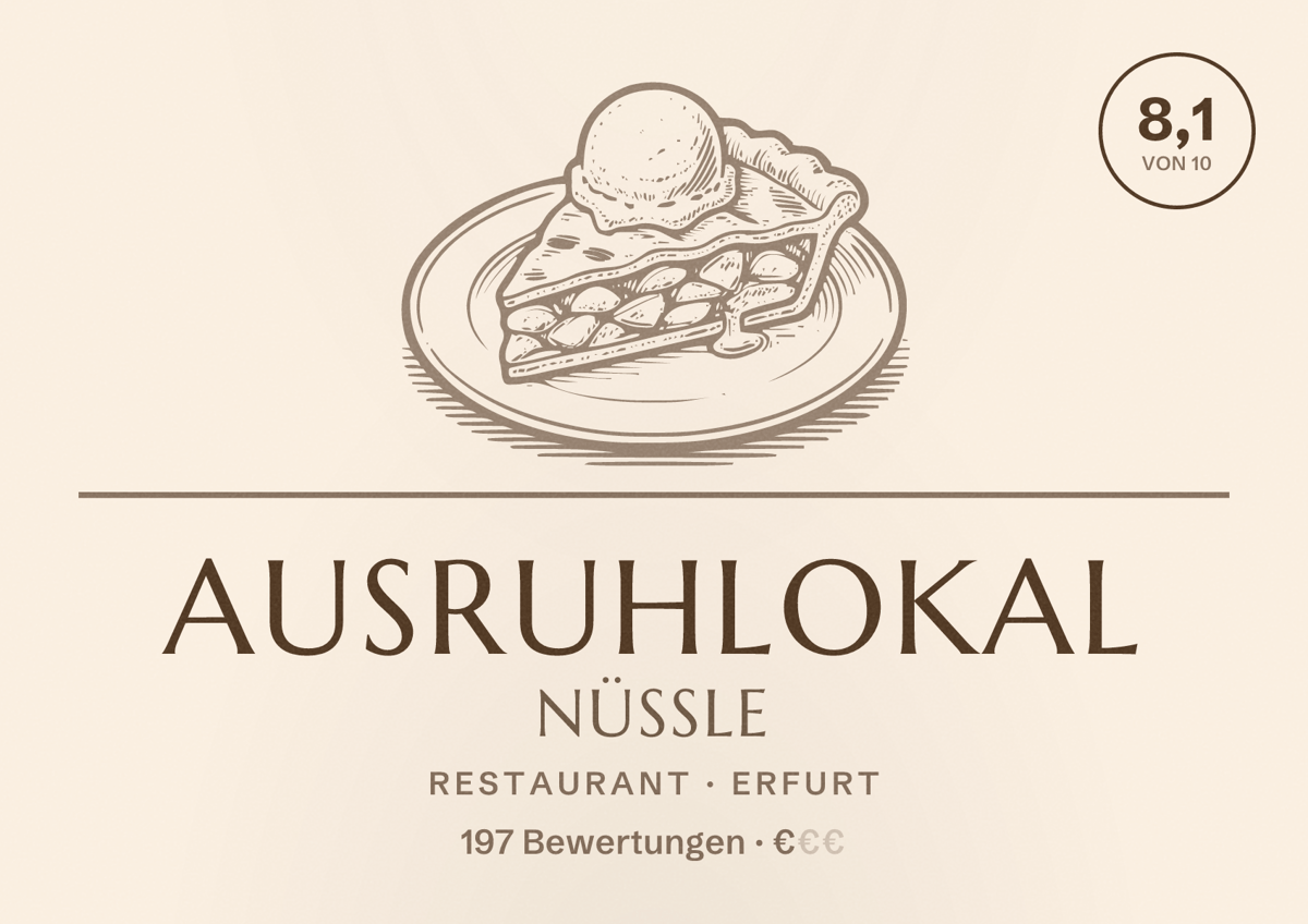 Illustriertes Poster von Ausruhlokal Nüßle, Restaurant in Erfurt: Bewertung 8,1 von 10 aus 197 Bewertungen, Preisniveau €
