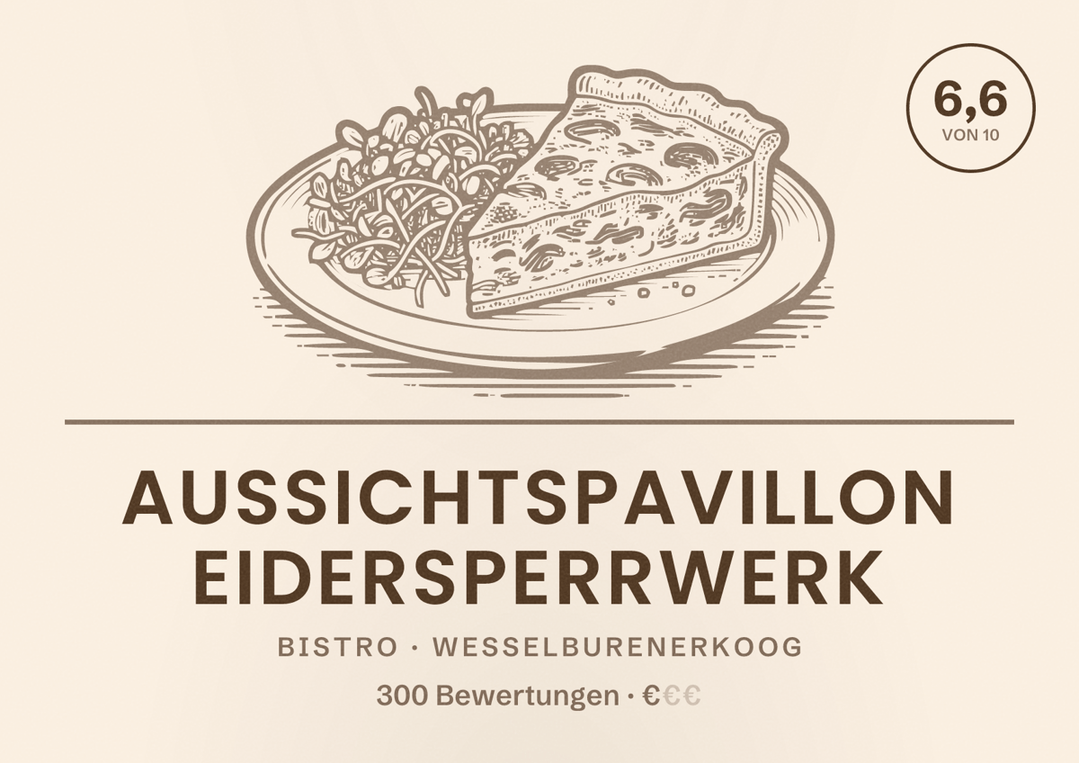 Illustriertes Poster von Aussichtspavillon Eidersperrwerk, Bistro in Wesselburenerkoog: Bewertung 6,6 von 10 aus 300 Bewertungen, Preisniveau €