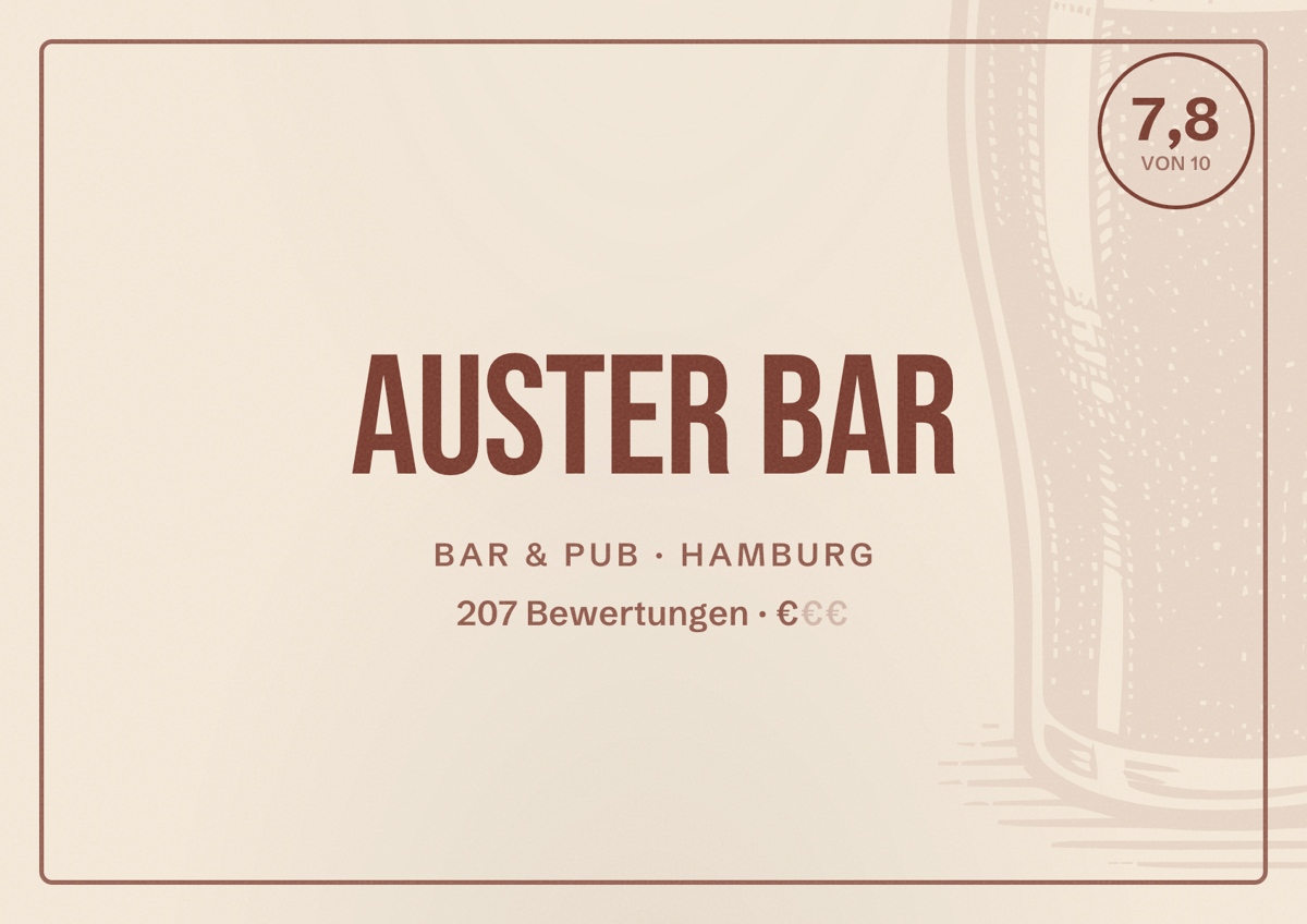 Illustriertes Poster von Auster Bar, Bar & Pub in Hamburg: Bewertung 7,8 von 10 aus 207 Bewertungen, Preisniveau €