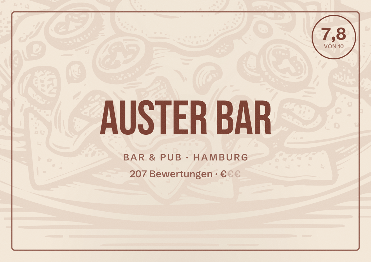 Illustriertes Poster von Auster Bar, Bar & Pub in Hamburg: Bewertung 7,8 von 10 aus 207 Bewertungen, Preisniveau €