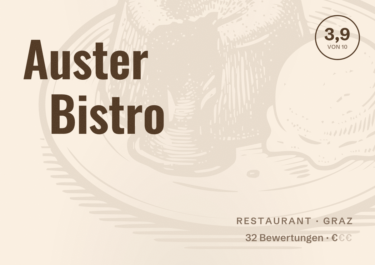 Illustriertes Poster von Auster Bistro, Restaurant in Graz: Bewertung 3,9 von 10 aus 32 Bewertungen, Preisniveau €